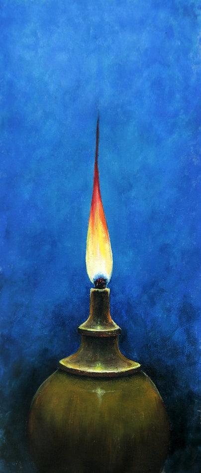 Still-life acrylic painting titled 'The Oil Lamp', 28x12 inches, by artist Seby Augustine on Canvas