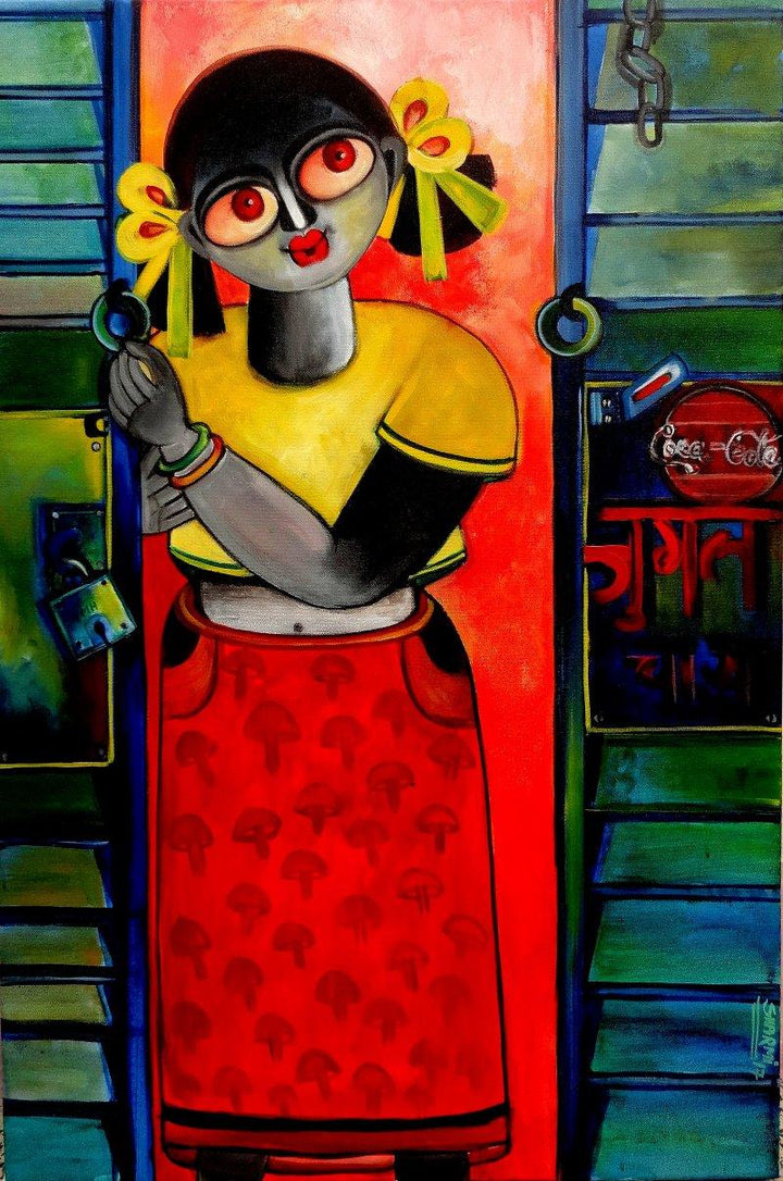 Figurative acrylic painting titled 'THE OLD DOOR', 36x24 inches, by artist Sharmi Dey on Canvas