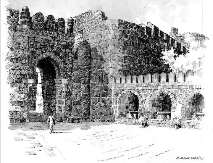 Scenic pen drawing titled 'The Old Fort', 11x14 inches, by artist Sankara Babu on Paper