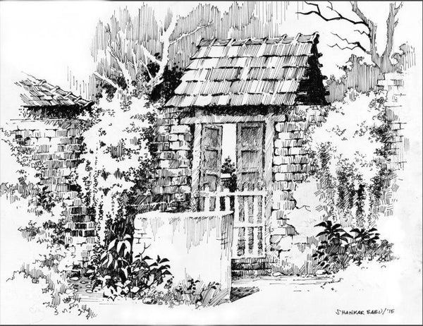 Scenic pen drawing titled 'The Open Door', 11x14 inches, by artist Sankara Babu on Paper