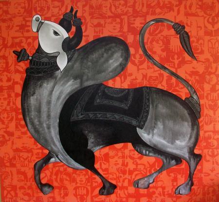 Animals acrylic painting titled 'The Orange Bull', 52x52 inches, by artist Vivek Kumavat on Canvas