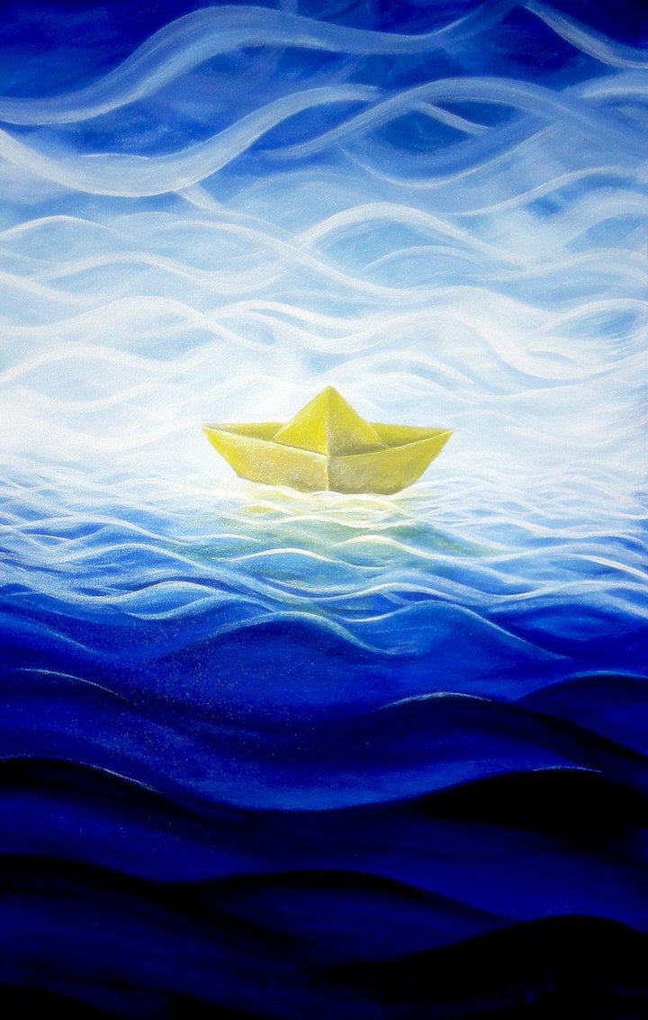 Surrealist acrylic painting titled 'The Paper Boat', 30x18 inches, by artist Seby Augustine on Canvas