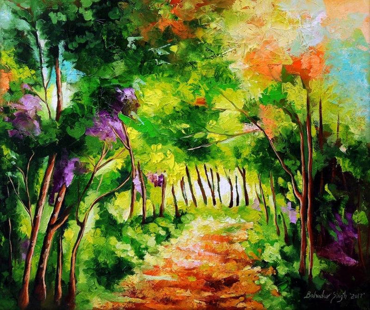 Nature oil painting titled 'The Path Through Change 3', 20x22 inches, by artist Bahadur Singh on Canvas