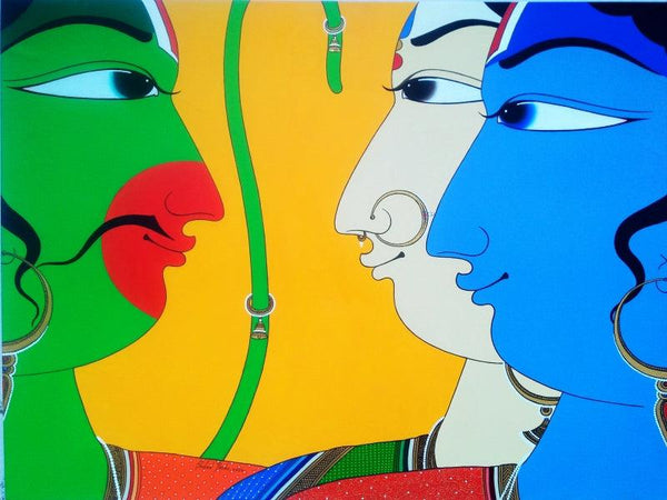 Figurative acrylic painting titled 'The Performers', 36x48 inches, by artist Shahed Pasha on Canvas Board