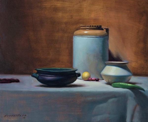 Still-life oil painting titled 'The Pickle Jar', 16x20 inches, by artist Amit Srivastava on Linen