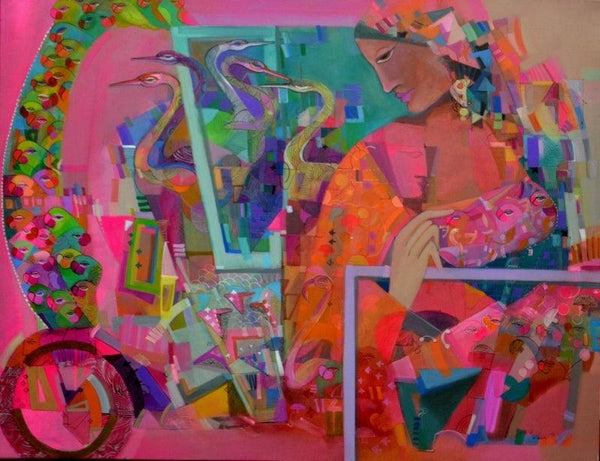 Figurative acrylic painting titled 'The Pink 42', 42x54 inches, by artist Madan Lal on Canvas