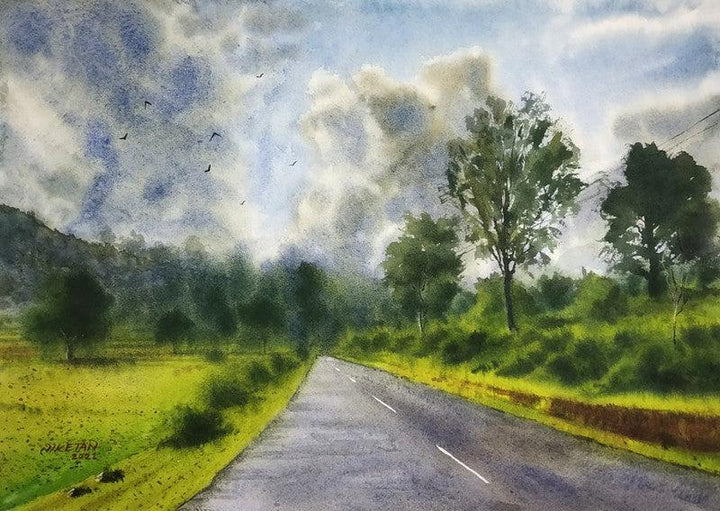 Landscape watercolor painting titled 'The Play Of Sky', 17x12 inches, by artist Niketan Bhalerao on Watercolour On Paper