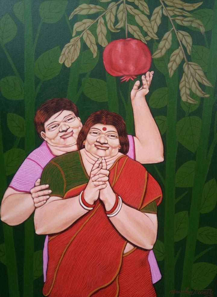 Figurative acrylic painting titled 'The Pomegranate', 48x36 inches, by artist Apurba Karati on Canvas