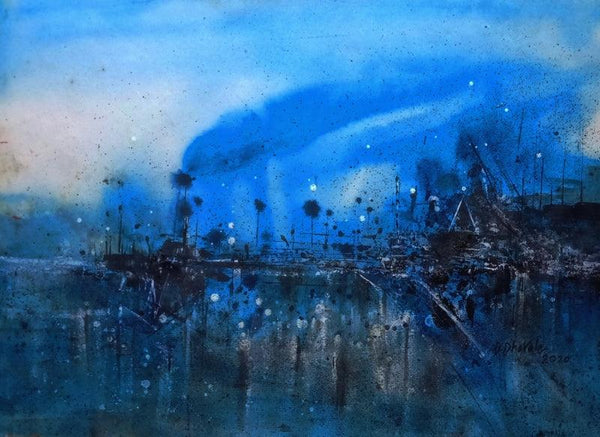 Abstract acrylic painting titled 'The Port Of The Mornng', 14x20 inches, by artist Dnyaneshwar Dhavale on Paper