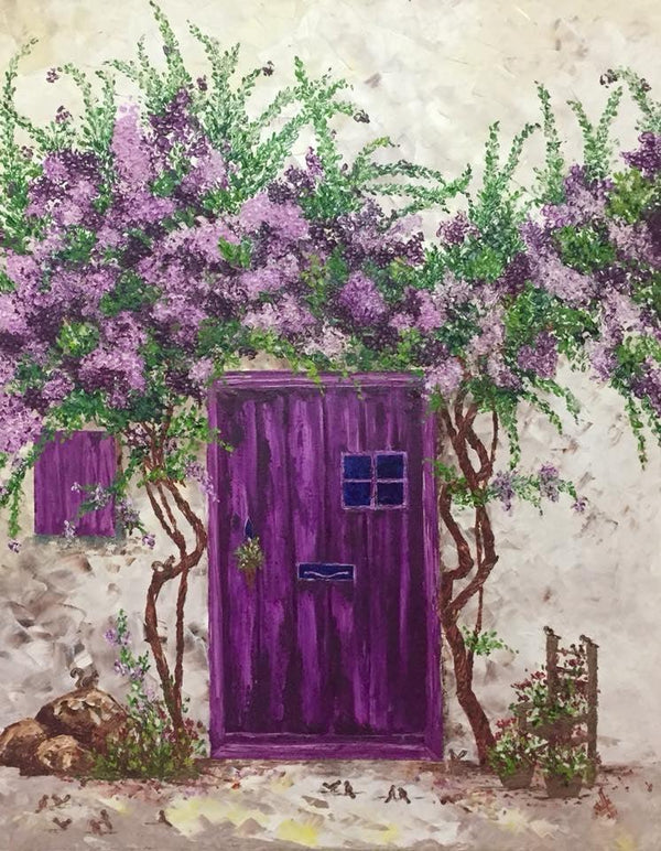 Landscape oil painting titled 'The Purple Door', 29x24 inches, by artist Shilpi Singh Patel on Canvas