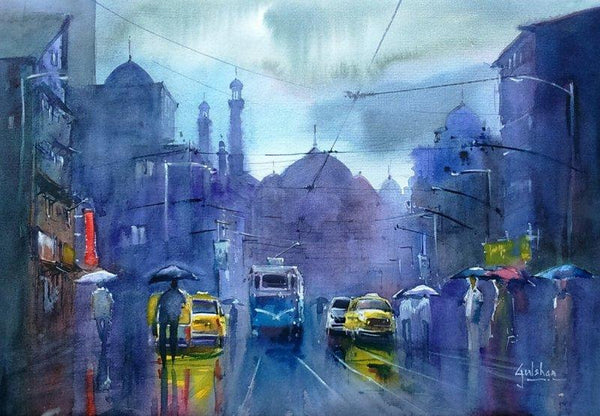 Cityscape watercolor painting titled 'The Purple Patch', 18x13 inches, by artist Gulshan Achari on Paper