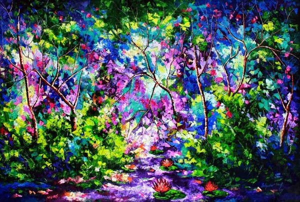 Nature oil painting titled 'The Purple Way 1', 48x72 inches, by artist Bahadur Singh on Canvas