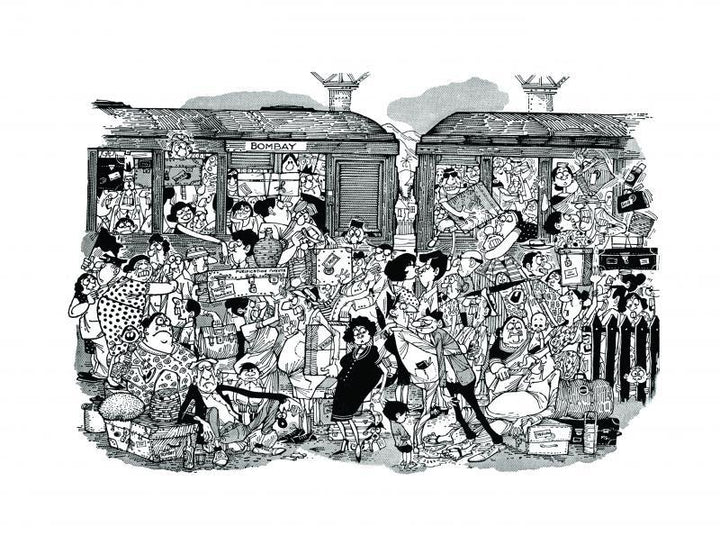 Cityscape pen ink painting titled 'The Railway Station (1964)', 21x29 inches, by artist Mario Miranda on Paper