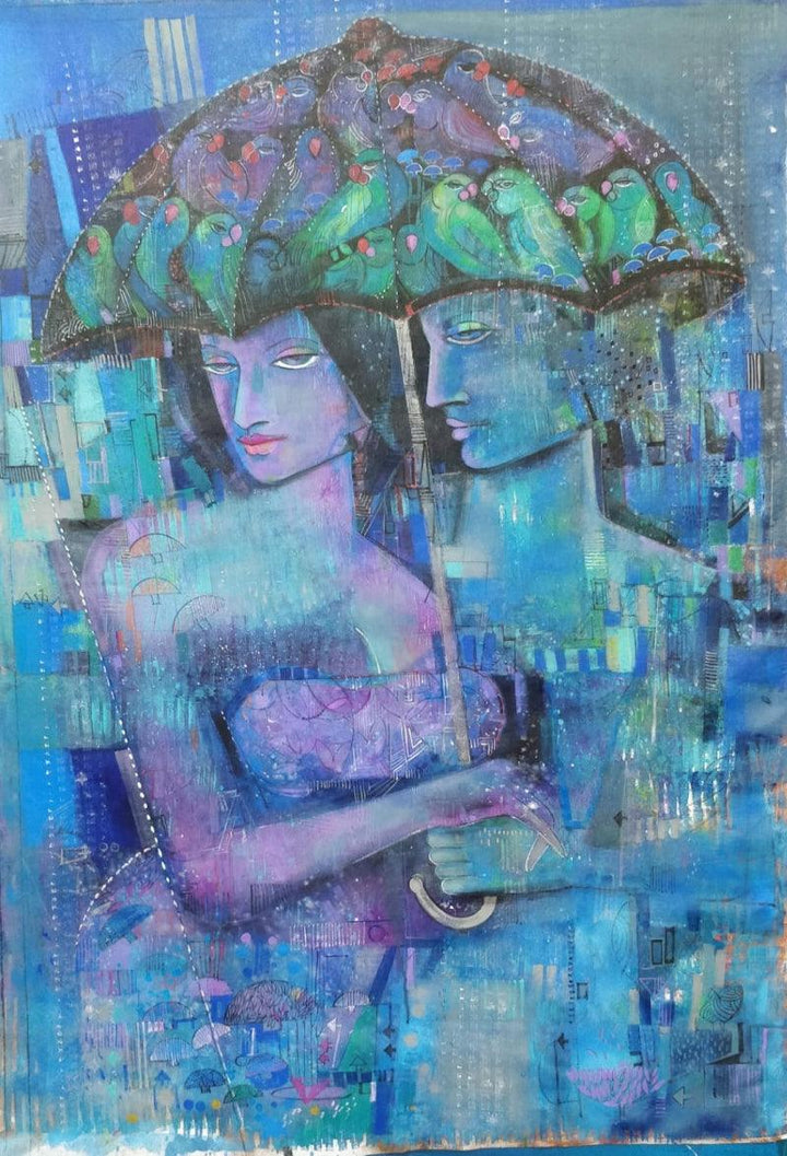 Figurative acrylic painting titled 'The Rain', 52x36 inches, by artist Madan Lal on Canvas