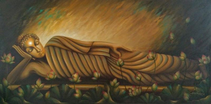 Religious oil painting titled 'The Reclining Buddha', 36x72 inches, by artist Madhumita Bhattacharya on Canvas