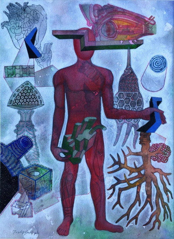 contemporary mixed media painting titled 'The Recluse', 22x18 inches, by artist Joydip Sengupta on Paper