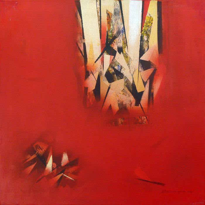 Abstract acrylic painting titled 'The Red Abstract', 30x30 inches, by artist Surendra Kudapane on Canvas