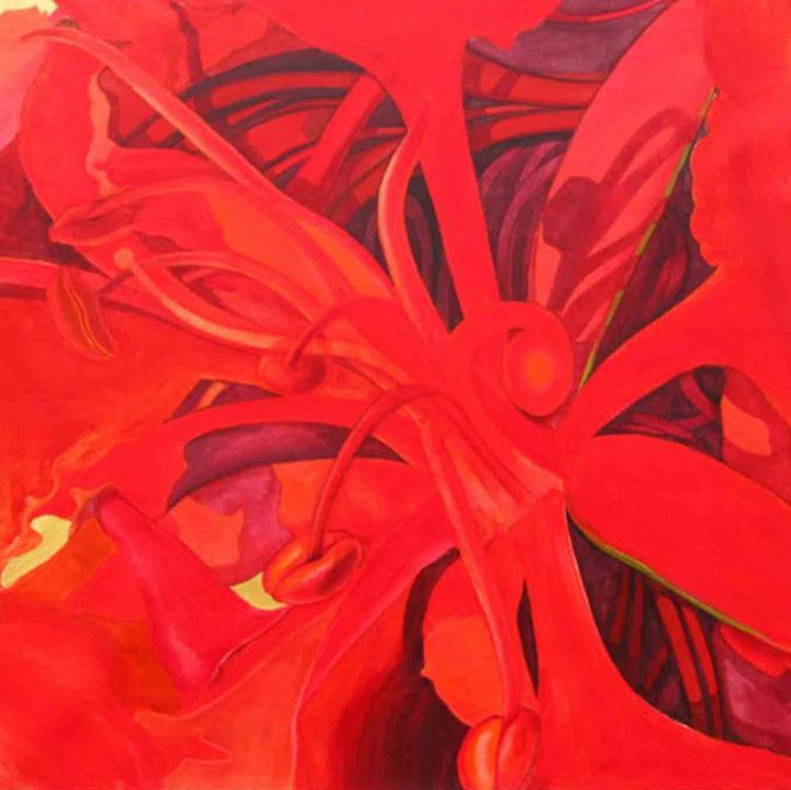 Nature acrylic painting titled 'The Red Flower II', 36x36 inches, by artist Balaji G. Bhange on Canvas