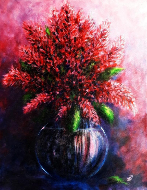 Still-life acrylic painting titled 'The Red Flowers', 27x21 inches, by artist Seby Augustine on Canvas