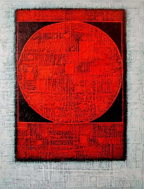 Abstract acrylic painting titled 'The Red Moon', 48x30 inches, by artist Basuki Dasgupta on Canvas