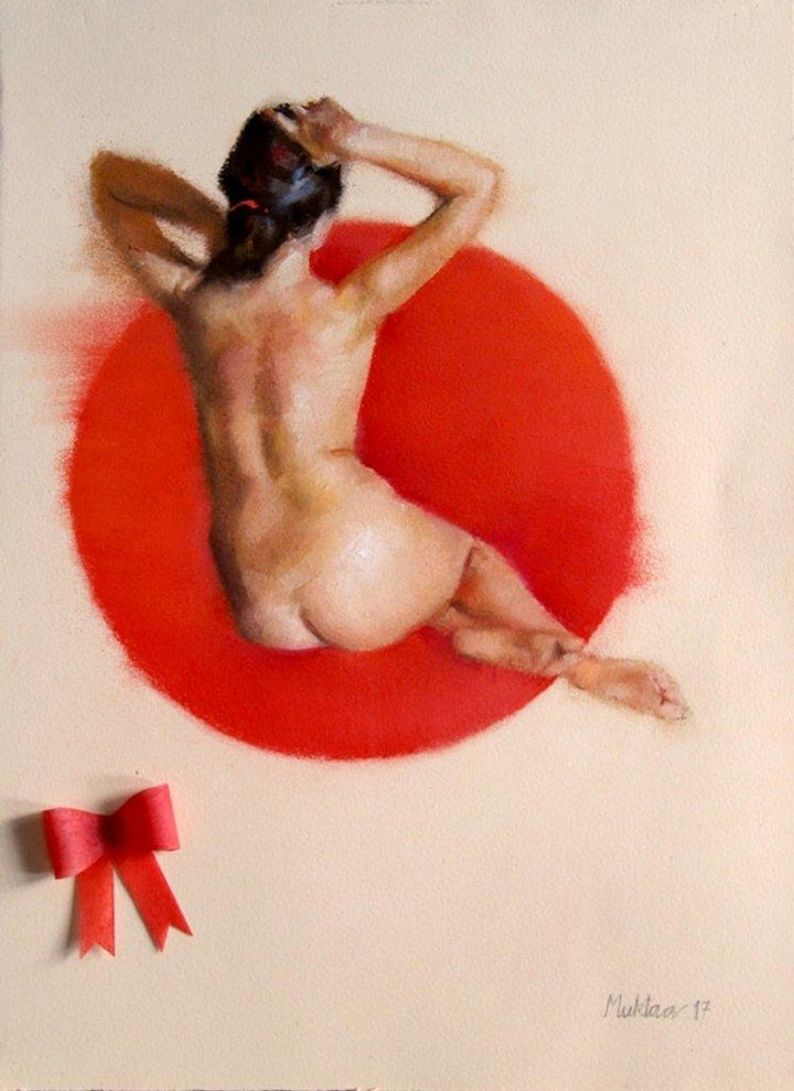 Nude dry pastel painting titled 'The Red One 2', 11x15 inches, by artist Mukta Avachat on Paper