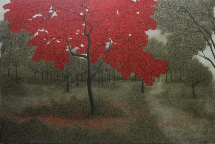 Nature acrylic painting titled 'The Red Tree', 48x72 inches, by artist Shuvankar Maitra on Canvas