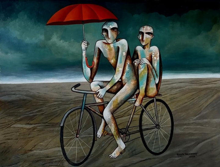 Figurative acrylic painting titled 'The Red Umbrella', 30x40 inches, by artist Ranjith Raghupathy on Canvas