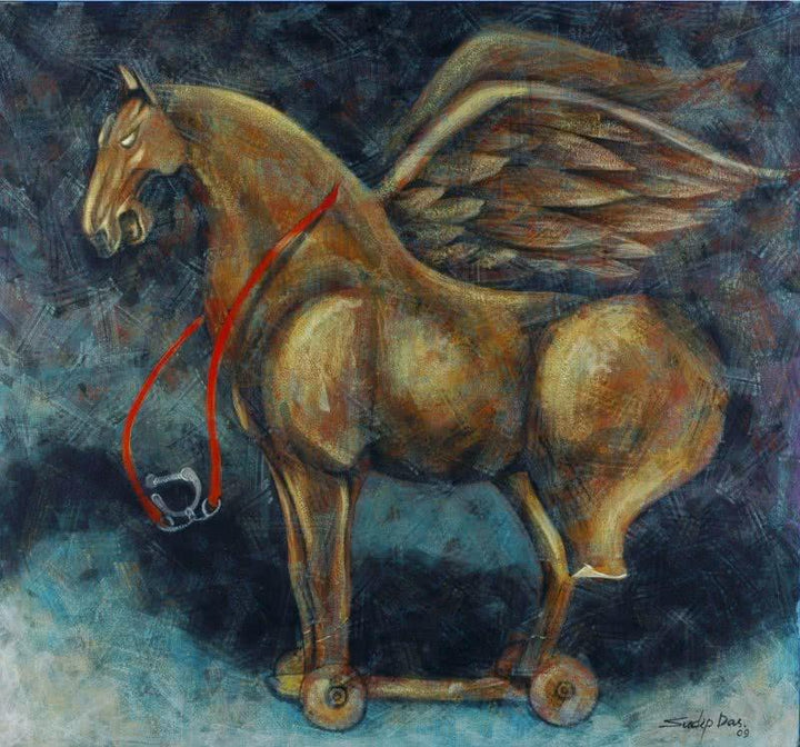 Animals tempera painting titled 'The Rocking Horse', 30x20 inches, by artist Sudip Das on Canvas