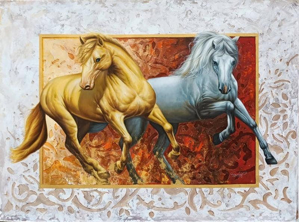 Animals oil painting titled 'The Royal Horse', 36x60 inches, by artist Pradeep Kumar on Canvas