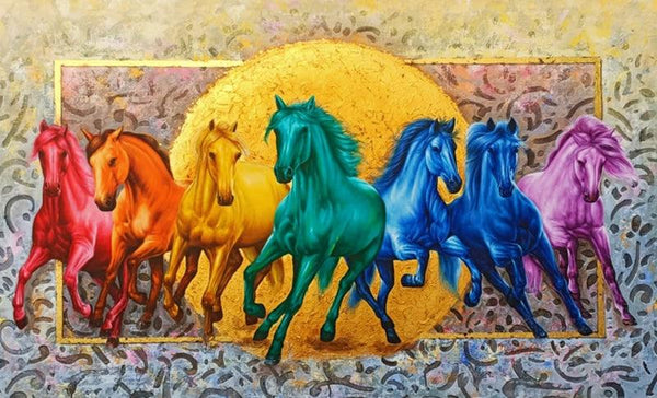 Animals oil painting titled 'The Royal Rainbow 7 Horses', 36x60 inches, by artist Pradeep Kumar on Canvas