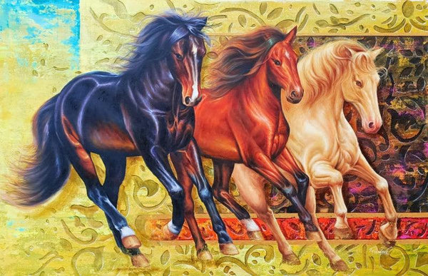 Animals oil painting titled 'The Royal Running Horse', 29x36 inches, by artist Pradeep Kumar on Canvas