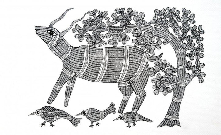 Folk Art gond traditional art titled 'The Scapegoat Gond Art', 10x15 inches, by artist Umaid Singh Patta on Paper