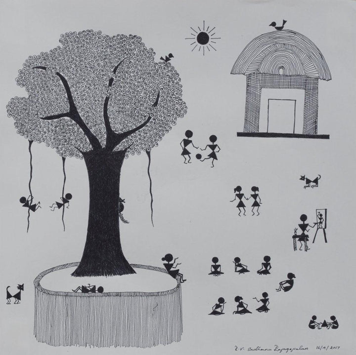 Nature pen artcontent titled 'The school lives', 12x12 inches, by artist Sadhana RV on paper