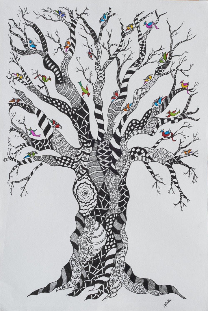 Nature ink artcontent titled 'The School Zentangle', 12x18 inches, by artist Sindhuja K on Paper