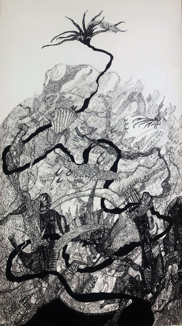 contemporary pen drawing titled 'The Search', 32x18 inches, by artist Rachana Shah on Fabriano Paper