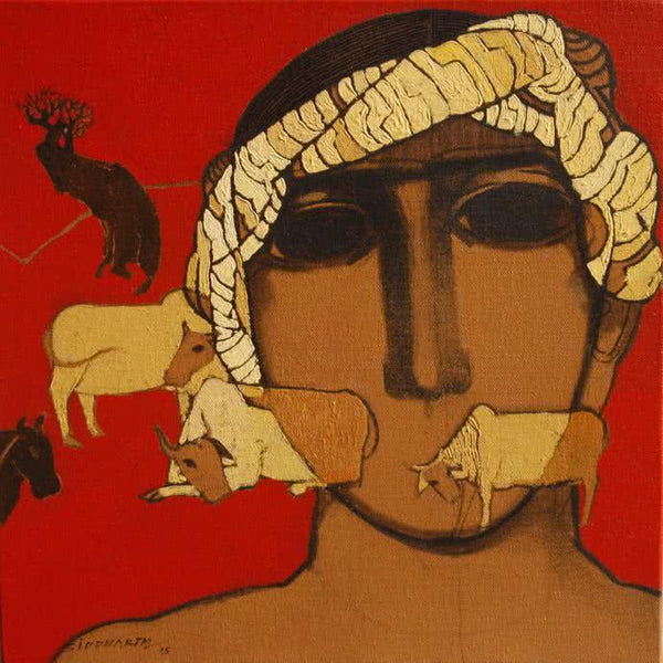 Figurative acrylic painting titled 'The Shepherd Boy', 15x15 inches, by artist Siddharth Shingade on Canvas