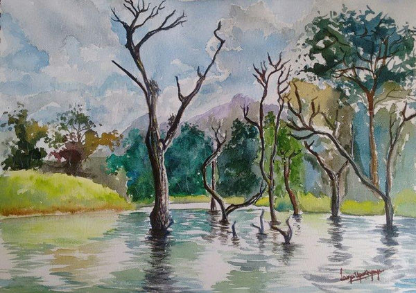 Landscape watercolor painting titled 'The Silent Creek', 16x12 inches, by artist Lasya Upadhyaya on Paper