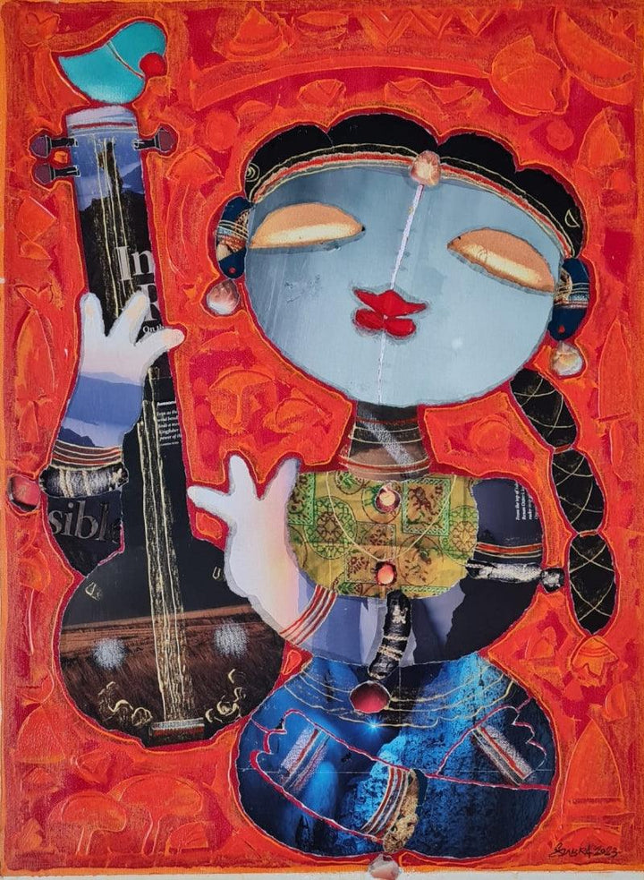 Figurative mixed media painting titled 'The Singer', 24x18 inches, by artist G Subramanian on Canvas