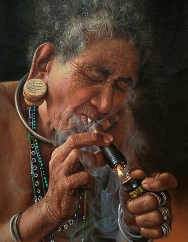 Portrait oil painting titled 'The Smoker', 26x18 inches, by artist Balwinder Singh on Canvas