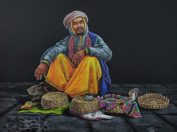 Figurative color pencil drawing titled 'The Snake Catcher', 20x28 inches, by artist Sachin Revankar on Paper