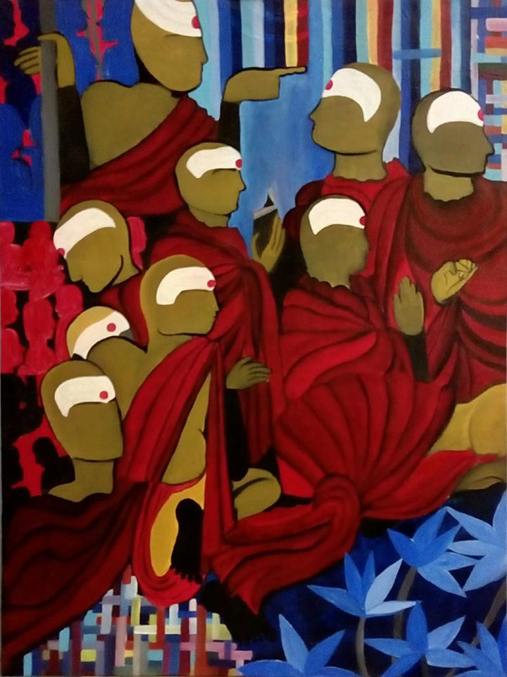 Figurative acrylic painting titled 'The Society', 42x48 inches, by artist Nishant Mishra on Canvas