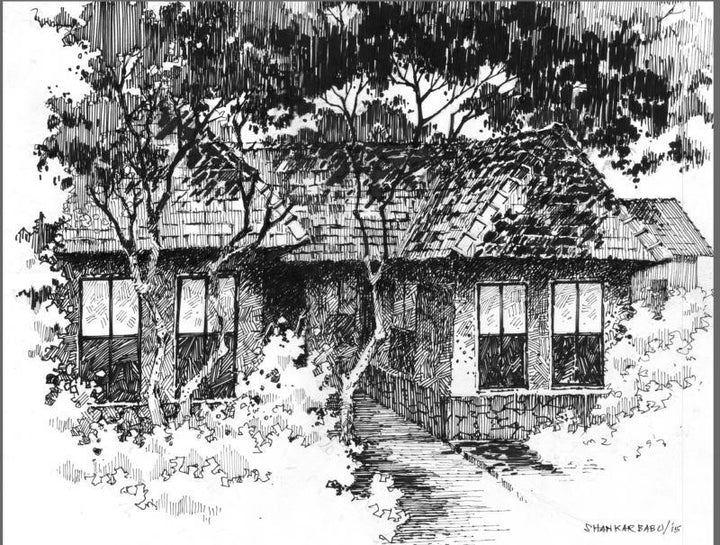 Scenic pen drawing titled 'The Solitary Hut', 11x14 inches, by artist Sankara Babu on Paper