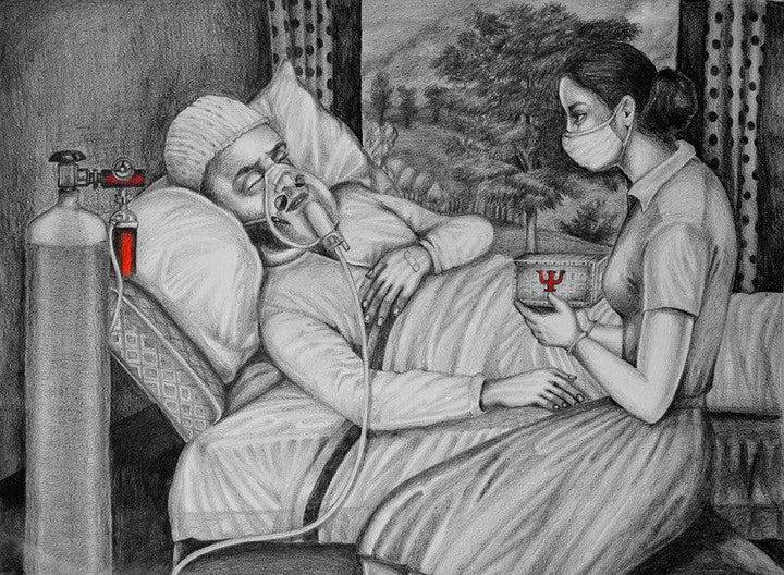 Figurative pencil drawing titled 'The Solitude Breath', 20x28 inches, by artist R Gopakumar on Paper