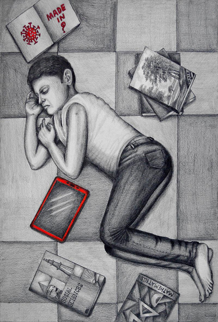 Figurative pencil drawing titled 'The Solitude Distance', 28x20 inches, by artist R Gopakumar on Paper