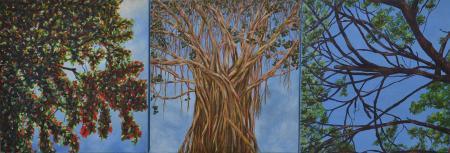 Nature oil painting titled 'The Story Of Three Trees', 36x12 inches, by artist Saurab Bhardwaj on Canvas