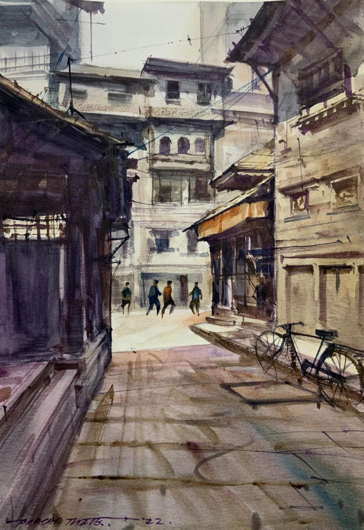 Cityscape watercolor painting titled 'The Street 2', 16x12 inches, by artist Prasad Thite on Handmade Paper