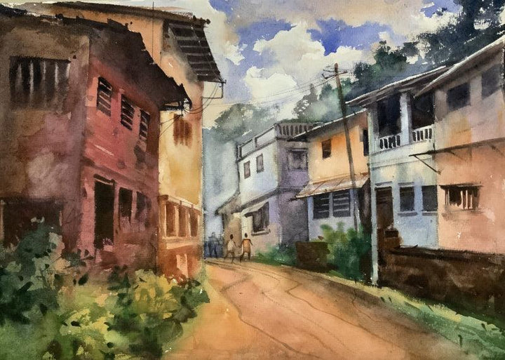 Landscape watercolor painting titled 'The Street 3', 14x20 inches, by artist Prasad Thite on Handmade Paper