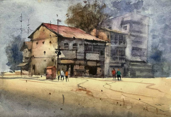 Landscape watercolor painting titled 'The Street 4', 14x20 inches, by artist Prasad Thite on Handmade Paper