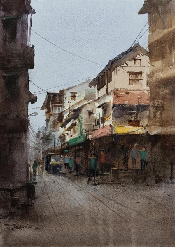 Cityscape watercolor painting titled 'The Street Of Nashik', 15x11 inches, by artist Ashwin Khapare on Paper