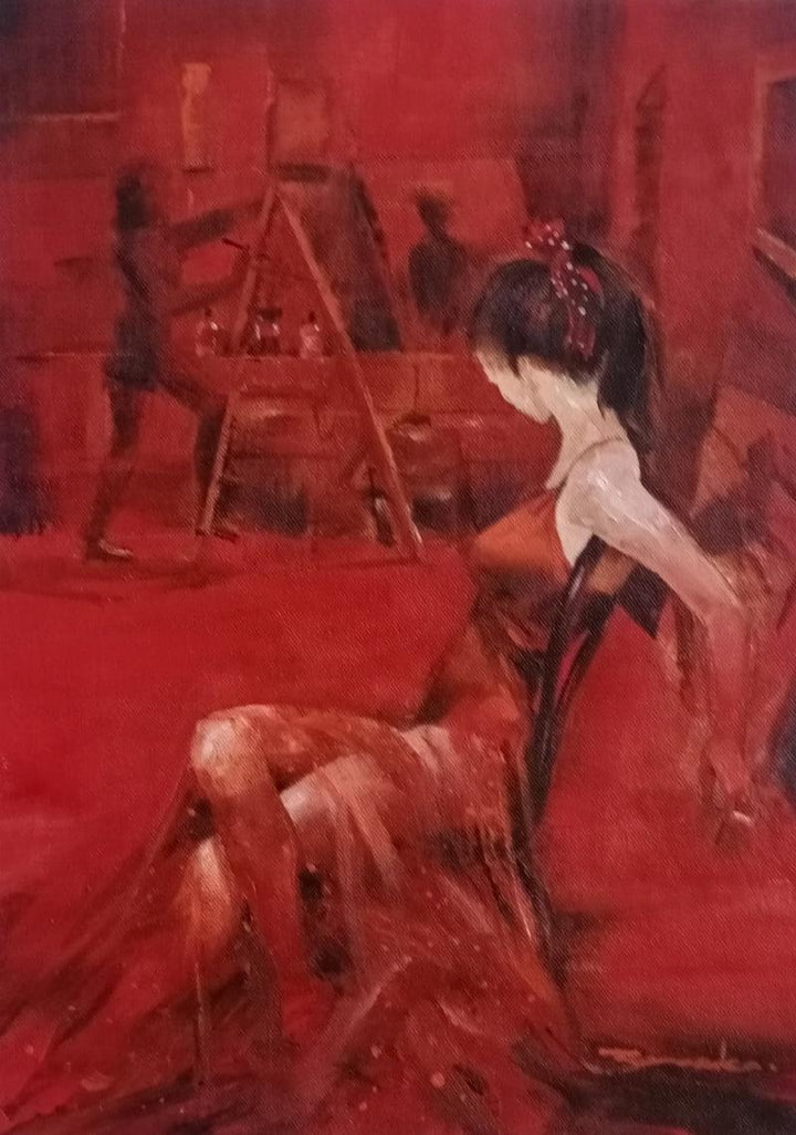 Figurative acrylic painting titled 'The Studio', 16x12 inches, by artist Bhaskar Mandolu on Canvas